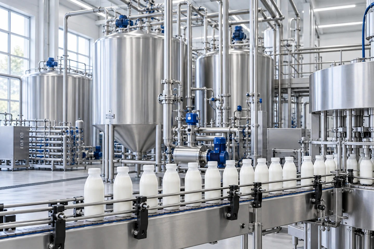 White milk bottles on a dairy filling line with stainless steel milk tanks and sanitary pipework.